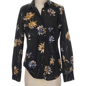 Black Floral Button-Down Shirt with Yellow & Blue Blooms